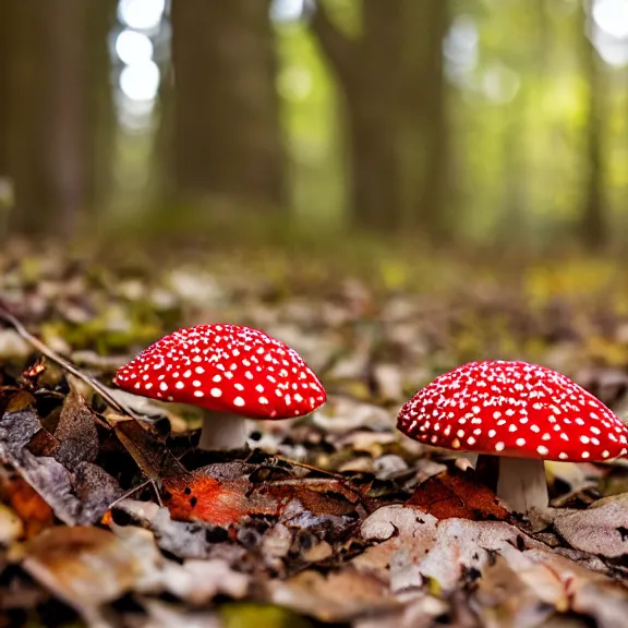 Prompt: amanita muscaria mushroom in a woodland, moss and leaves on the floor, depth of field, f / 2. 8