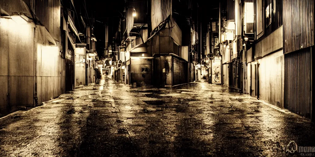 Image similar to quiet tokyo alley at night, raining, dim volumetric lighting, hdr, postprocessing, hyperdetailed, intricate, epic composition, cinematic lighting, masterpiece, street photography