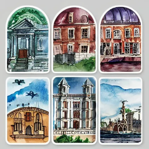 Image similar to a watercolour sticker pack with historical buildings