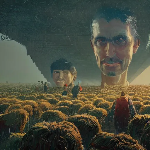 Image similar to a farm of human heads that look like Jair Messias Bolsonaro, Simon Stalenhag, Wadim Kashin, 4K, cinematic