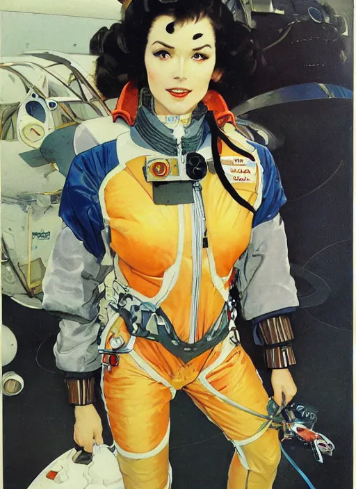 Image similar to a copic maker art nouveau portrait nobara kugisaki futuristic latex pilot suit and a puffy kimono by john berkey norman rockwell