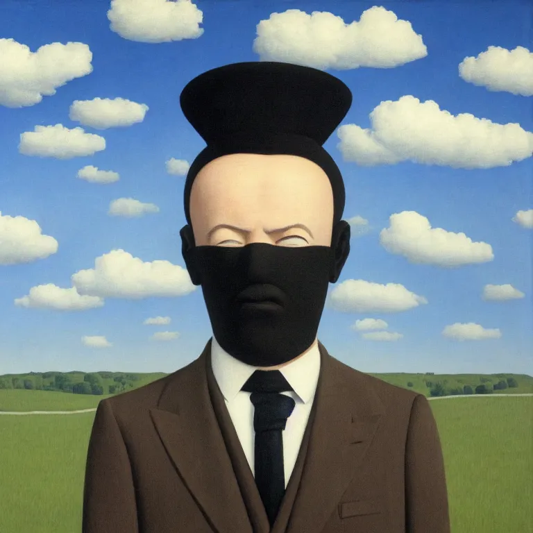 Image similar to portrait of a faceless masked - head man in a suit and black gloves, clouds and nature landscape in the background, by rene magritte, detailed painting, distance, centered, hd, hq, high resolution, high detail, 4 k, 8 k