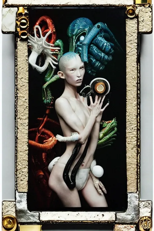 Prompt: polaroid still symmetry frame from Alien Covenant movie by Takashi Murakami, from Pan's Labyrinth (2006) by James Stokoe, creation of life , dressed by Salvatore Ferragamo and by Chanel, haute couture painted by Peter Paul Rubens and by John Baeder, editorial fashion photography from vogue magazine, in coral stalagmite by Jean-Michel Basquiat