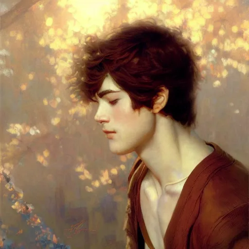 Prompt: detailed portrait of serene anime boy raphael, closed eyes, natural light, painting by gaston bussiere, craig mullins, j. c. leyendecker