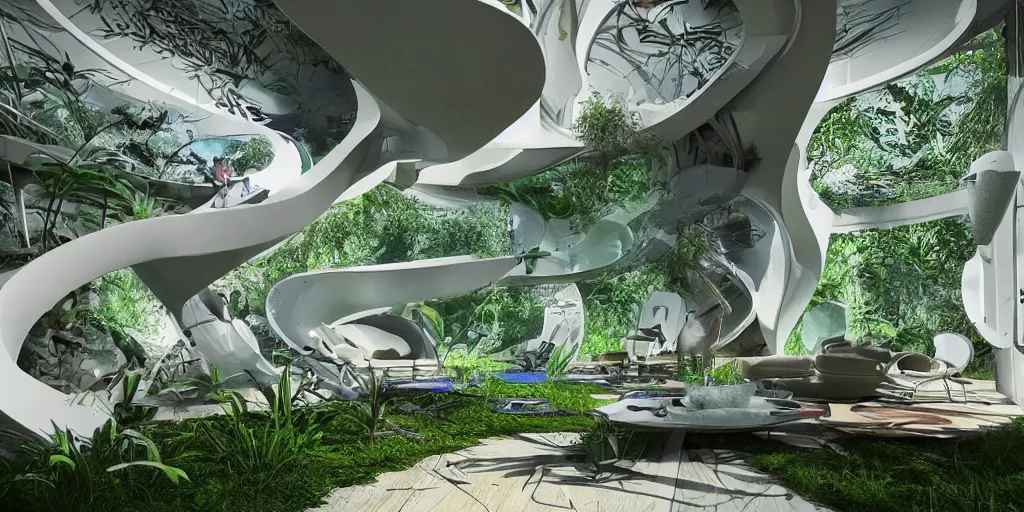 Prompt: home interior, futuristic, sustainability, nature, high quality, prepared for psychedelic trip