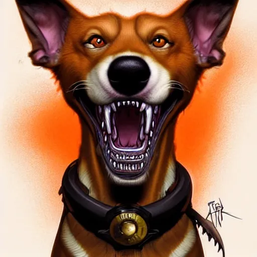 Image similar to orange and brown skinned dog with crazed eyes, and a strained toothy grin smile. has spiky long unwashed hair. he wears a metalic dog collar, smooth, sharp focus, illustration, art by artgerm and greg rutkowski and alphonse mucha