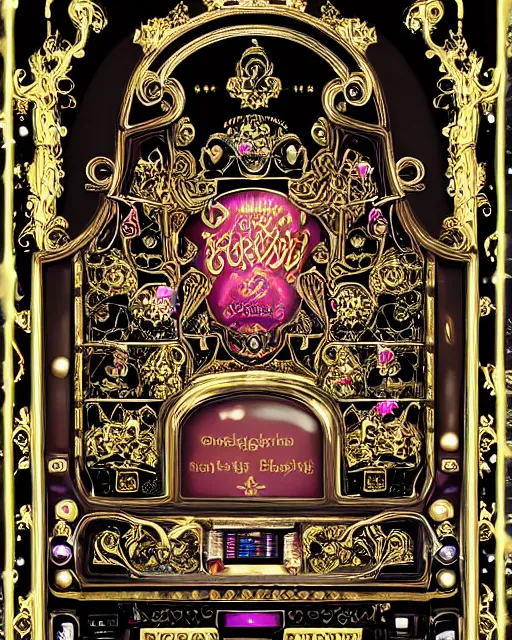 Image similar to baroque rococo-style bedazzled gothic royalty frames surrounding an slots pinball machine of pixelsort energy drink made out of glowing ooze, radioactive candy worms, and fairy magick.