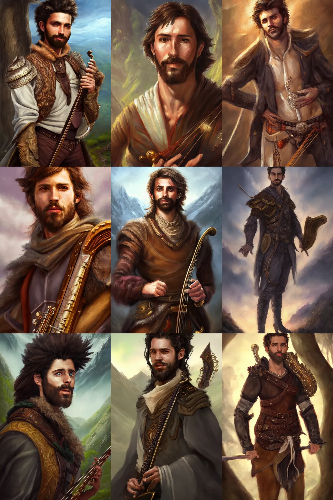 Image similar to a full body high detail fantasy portrait oil painting illustration of a single handsome male bard by justin sweet with face and body clearly visible, in a scenic background, intense eyes, realistic proportions, d & d, rpg, forgotten realms, artstation trending, high quality, sombre mood, artstation trending, muted colours, entire person visible!