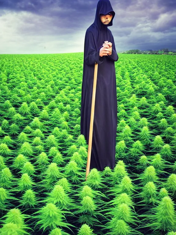 Prompt: grim reaper standing in beautiful cannabis field, grainy, high detail, high resolution,