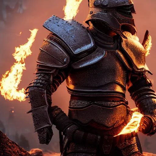 Image similar to hyperrealistic dslr film still of armor disguised as smoldering embers, in skyrim, stunning 8 k octane comprehensive 3 d render, inspired by istvan sandorfi & greg rutkowski & unreal engine, perfect symmetry, dim volumetric cinematic lighting, extremely hyper - detailed, extremely lifelike attributes & lifelike texture, intricate, masterpiece, artstation, stunning