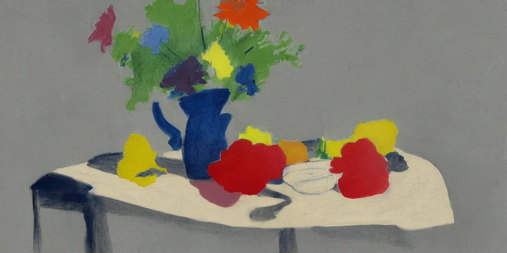 Prompt: flowers in jug, sketchbook, spoon. still life on a table in the style of ivon hitchens and ben nicholson. drawing on an oil painting, minimal, marks