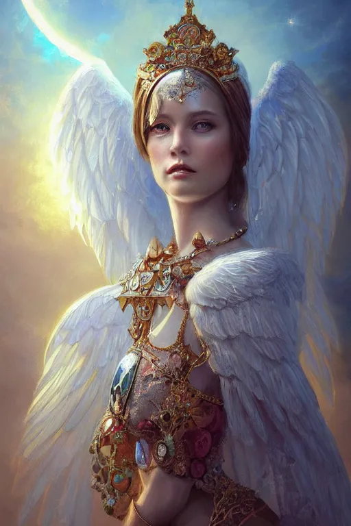 Image similar to A beautiful digital painting of a female Seraphim full of jewels, princess, the moon behind her, intricate, cinematic lighting, highly detailed, digital painting, Artstation, concept art, smooth, sharp focus, illustration, art by Tom Bagshaw, Artgerm and Greg Rutkowski