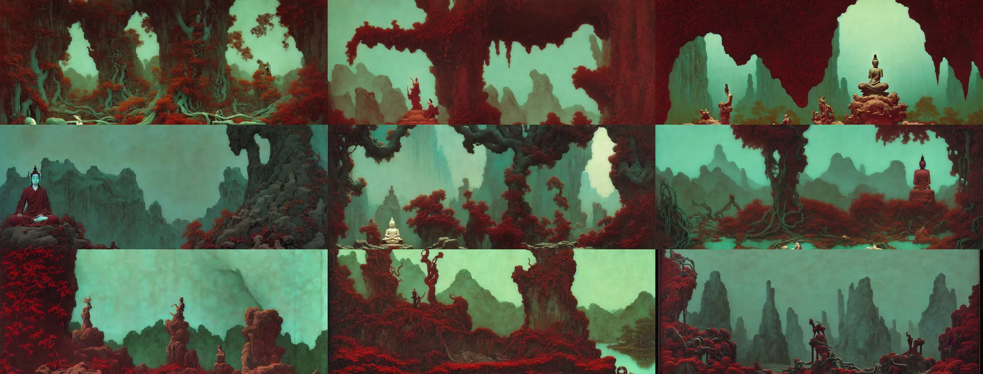 Prompt: a gorgeous bleak autumn painting by barlowe wayne, maxfield parrish, gustave dore and marco mazzoni. close - up shot on a lonely huge chinese buddha statue, broken, stone gate to the dark cave, vines. tiffany blue, maroon, blackish green. the winding stone steps. ultra clear detailed. 3 d, octane render. turbulent blood lake.