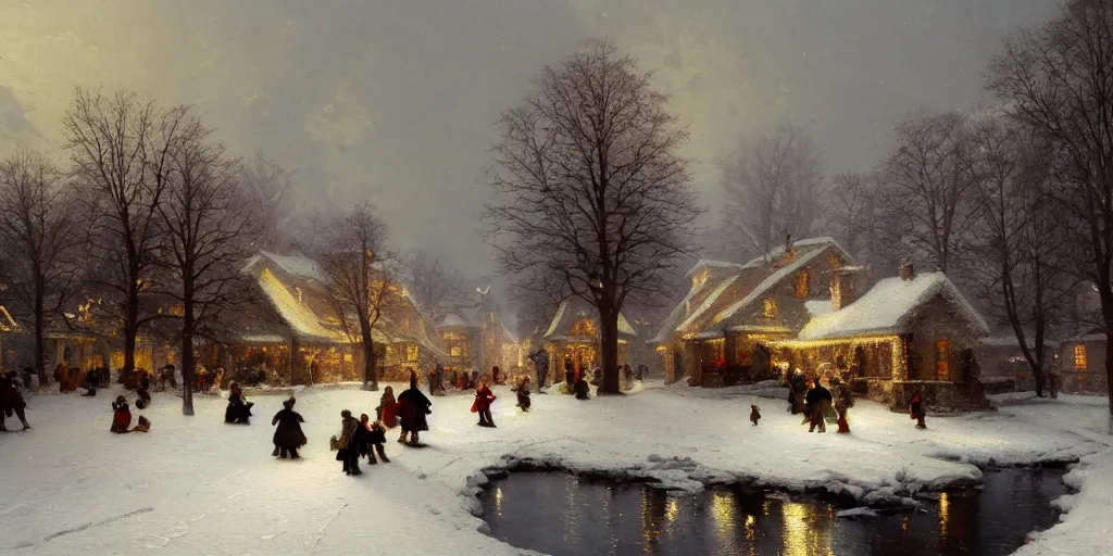 Prompt: A beautiful oil painting of winter landscape, snow, christmas scene, children, by Carl Spitzweg and Thomas Kinkade, 4k, trending on artstation, detailed