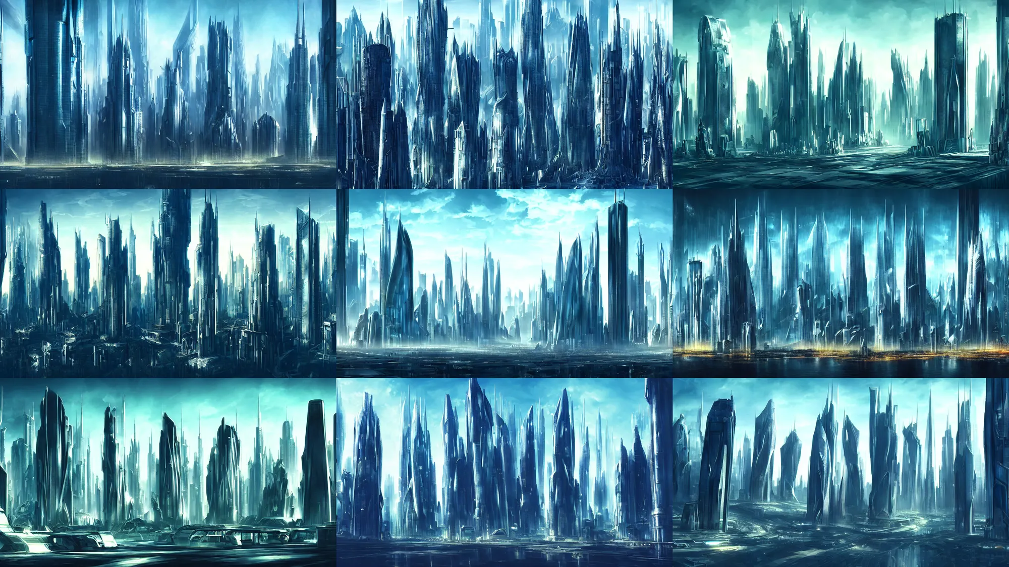 Prompt: skyline of futuristic city, with tall glass skyscrapers, very detailed, atmospheric, environment concept, futuristic landscape, cinematic, movie concept art