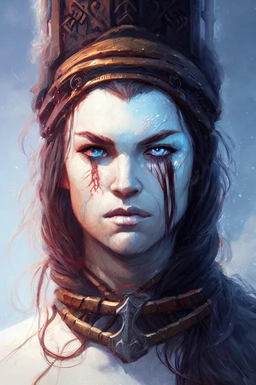 Prompt: head and shoulders portrait of a barbarian, female, high fantasy, dnd, trending on pinterest, nuri iyem, james gurney, james jean, greg rutkowski, anato finnstark