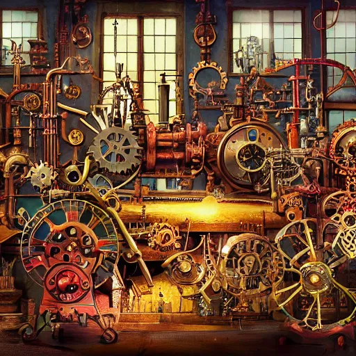 Prompt: A toymakers's workshop with a magical atmosphere + a fantastic time contraption made of brightly painted gears, springs, gauges, clock faces, tubes, steam pipes and bells + sits on a workbench by a large glowing window + by Dean Morrissey, steampunk, 1950s, high detail, dramatic lighting, 8K, wide angle, digital art