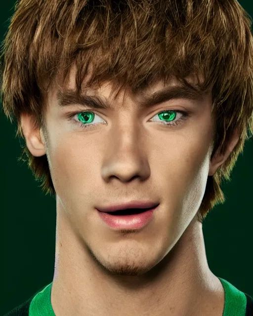 Image similar to dramatically - lit closeup portrait photograph of norville shaggy rogers from the scooby - doo live - action film ( 2 0 0 2 ), sharp details, vignette, high saturation, smooth textured skin, subsurface scattering, green shirt, photograph by mark mann and martin schoeller, 4 k, soft focus, centered, symmetrical