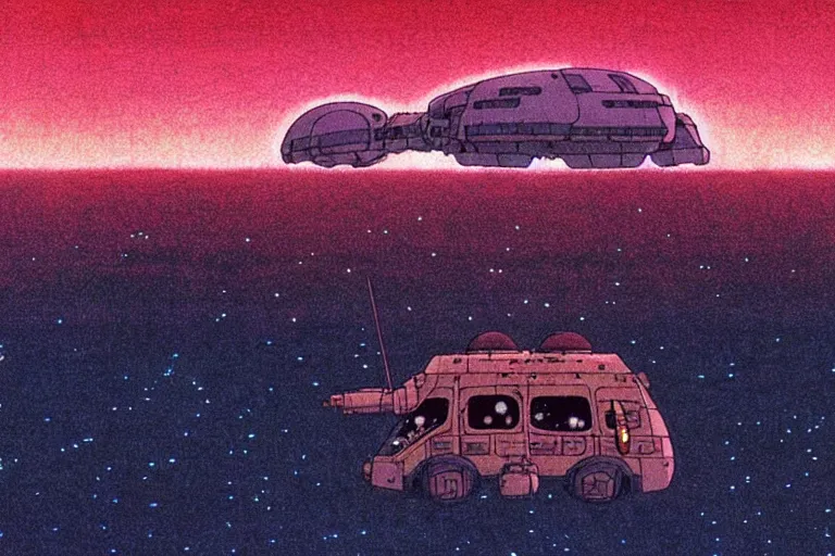 Image similar to a still from a studio ghibli film of an alien mothership from princess mononoke ( 2 0 0 4 ) at night on a desert road, full body, wide shot, very muted colors, post grunge, studio ghibli, laurie greasley, highly detailed, deviantart, art by artgem