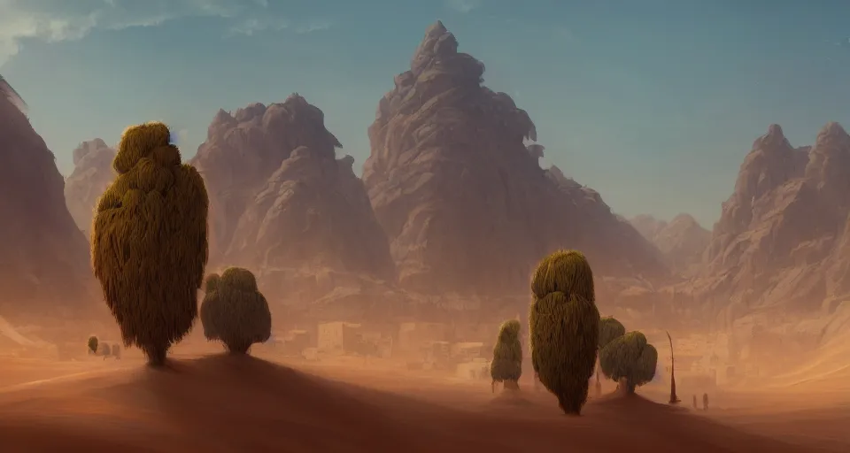 Image similar to a distant desert village, artstation, cgsociety