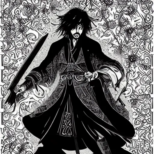 Prompt: black and white pen and ink!!!! aesthetic instagram artstation trending royal! nordic goetic Raiden x Frank Zappa golden!!!! Vagabond!!!! floating magic swordsman!!!! glides through a beautiful!!!!!!! floral!! battlefield dramatic esoteric!!!!!! pen and ink!!!!! illustrated in high detail!!!!!!!! by Koyoharu Gotouge and Hiroya Oku!!!!!!!!! graphic novel published on 2049 award winning!!!! full body portrait!!!!! action exposition manga panel black and white Shonen Jump issue by David Lynch eraserhead and Frank Miller beautiful line art Hirohiko Araki