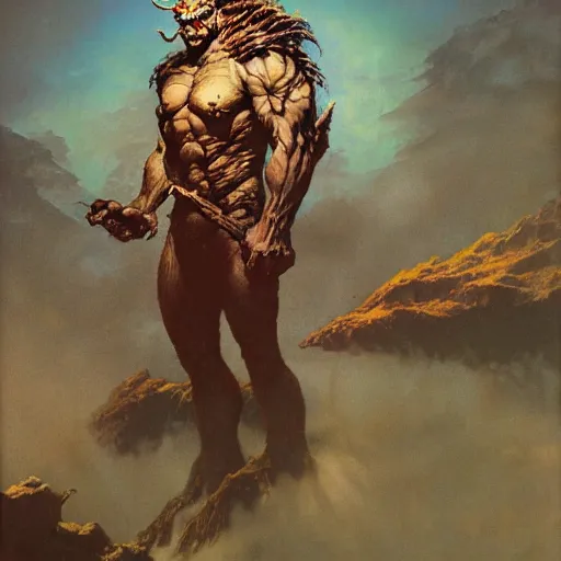 Image similar to beautiful realistic fantasy painting of a goblin with metal hurlant, by Frazetta and Beksinski, volumetric lighting, trending on art station, polarizer filter