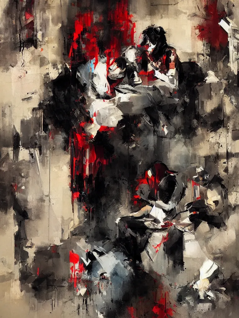 Image similar to a beautiful picture by joram roukes of people looking at their phone in a bathroom, color bleeding, brushstrokes by jeremy mann