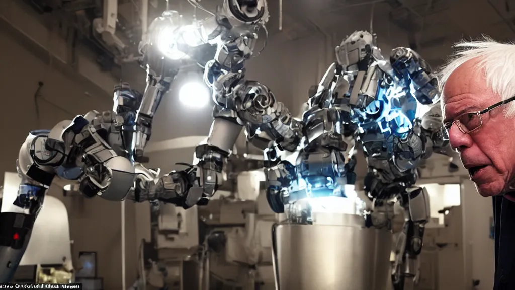 Image similar to bernie sanders putting the finishing touches on a ( ( ( ( cute ) ) ) ) clockwork doomsday robot, cinematic moody lighting, sharp focus, imax