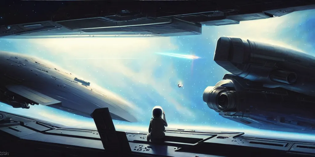 Image similar to hyper realistic sci - fi matte concept art painting of a young spaceship pilot watching a satellite shoot a laser at earth from her window, brightly lit!, beautiful details, strong composition painted by kim jung guweta studio rutkowski, james gurney and greg rutkowski, and lucasfilm, smooth, intricate, detailed, sharp focus, cinematic