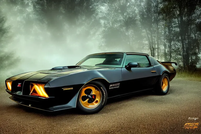 Image similar to pontiac firebird trans - am with black paint, sunrise, eerie light, fireflies, dog watching the car, dramatic, cinematic, forest, horror, sunbeams, volumetric lighting, wide shot, low angle, lightning storm hitting the car, ground cracking open to reveal a portal to hell