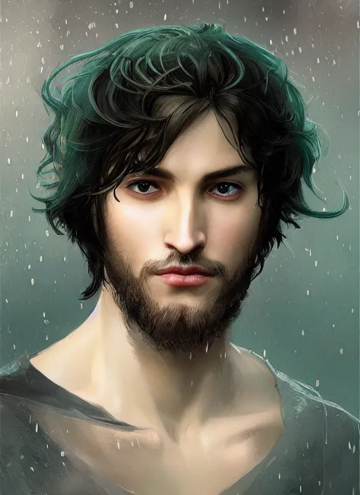 Image similar to character concept portrait of an attractive young focused Spanish wizard with pale teal skin enchanting a rain spell, a floating iridescent spell book in the center, intricate, elegant, digital painting, concept art, smooth, sharp focus, illustration, from Metal Gear, by Ruan Jia and Mandy Jurgens and William-Adolphe Bouguereau, Artgerm