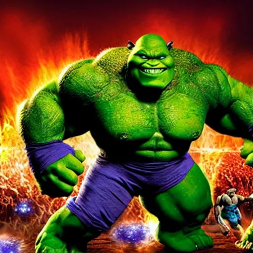 Prompt: ultrainstinct shrek ( ogre form ) wrestling with the incredible hulk, marvel style, high budget blockbuster, cinematic