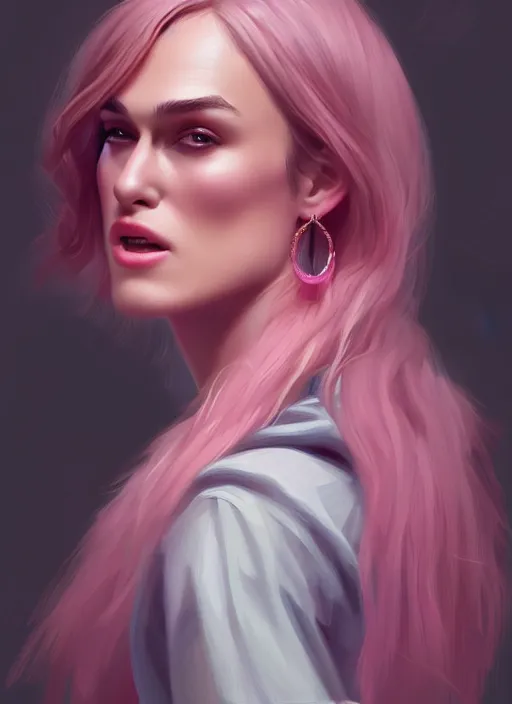 Prompt: full body portrait, teenage keira knightley, pink hair, sultry, realistic, hoop earrings, skirt, shirt, intricate, elegant, highly detailed, digital painting, artstation, concept art, smooth, sharp focus, illustration, art by wlop, mars ravelo and greg rutkowski