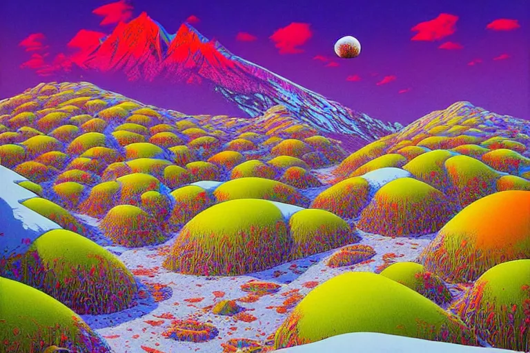 Image similar to surreal glimpse into other universe, himalaya with snow ice cream, summer morning, very coherent and colorful high contrast, art by!!!! gediminas pranckevicius!!!!, geof darrow, floralpunk screen printing woodblock, dark shadows, hard lighting, stipple brush technique,