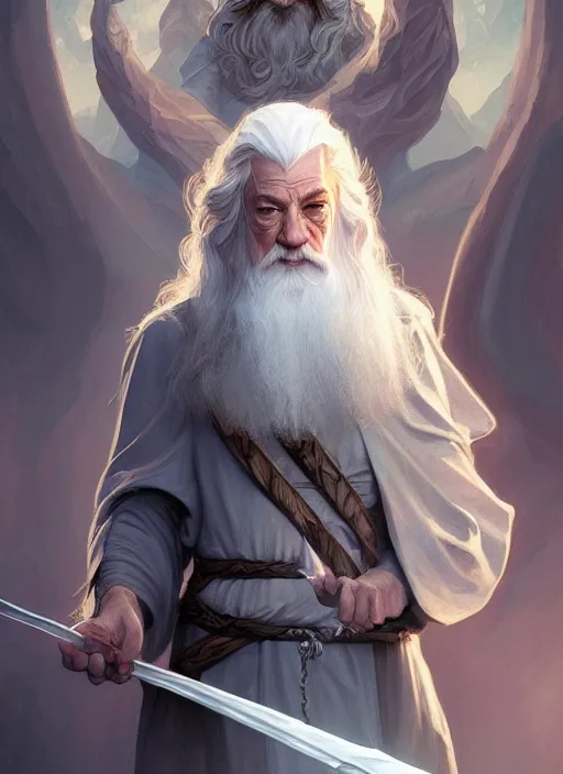 Prompt: gandalf, d & d, fantasy, intricate, elegant, highly detailed, digital painting, artstation, concept art, matte, sharp focus, illustration, hearthstone, art by artgerm and greg rutkowski and alphonse mucha