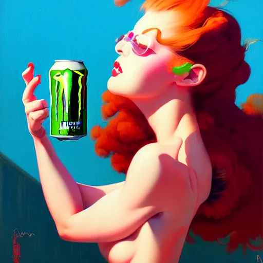 Image similar to girl drinks monster energy, organic painting, sunny day, matte painting, bold shapes, hard edges, street art, trending on artstation, by huang guangjian and gil elvgren and sachin teng