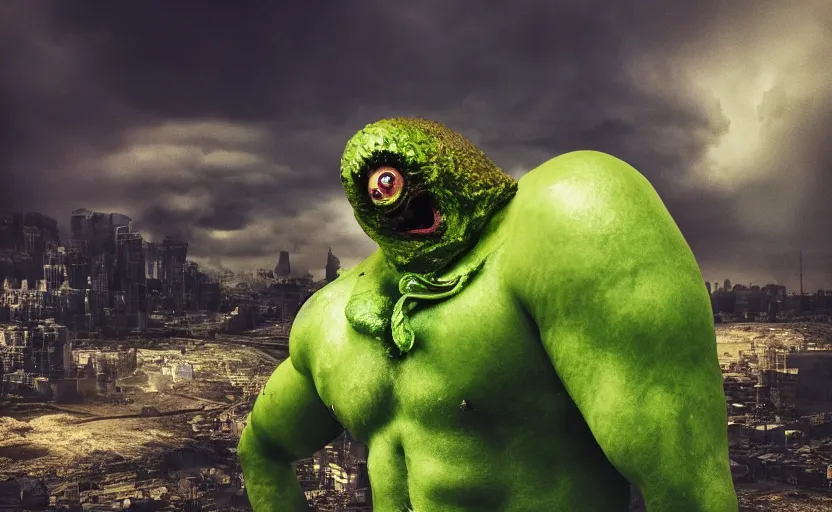 Prompt: apocalyptic avocado titan, hd photography, cinematic wide view, dystopian avocado monster, 4 k