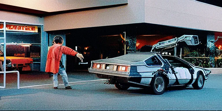 Image similar to Photorealistic close up cinematography of the rear of a the Back To The Future Time Machine reversing down a ramp out of Doc Browns Van at night + filmed on location at at the Twin Pines mall By “Back To The Future” Cinematographer Dean Cundey at night 5