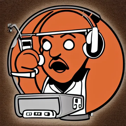 Image similar to svg sticker of a Dancing-Cleveland Brown, at a rave, spinning records, giant headphones rocking out, wearing headphones, huge speakers, dancing, rave, DJ, spinning records, digital art, amazing composition, rule-of-thirds, award-winning, trending on artstation, featured on deviantart