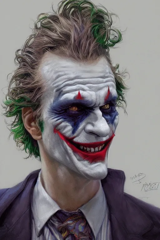 Prompt: The Joker, closeup character portrait art by Donato Giancola, Craig Mullins, digital art, trending on artstation