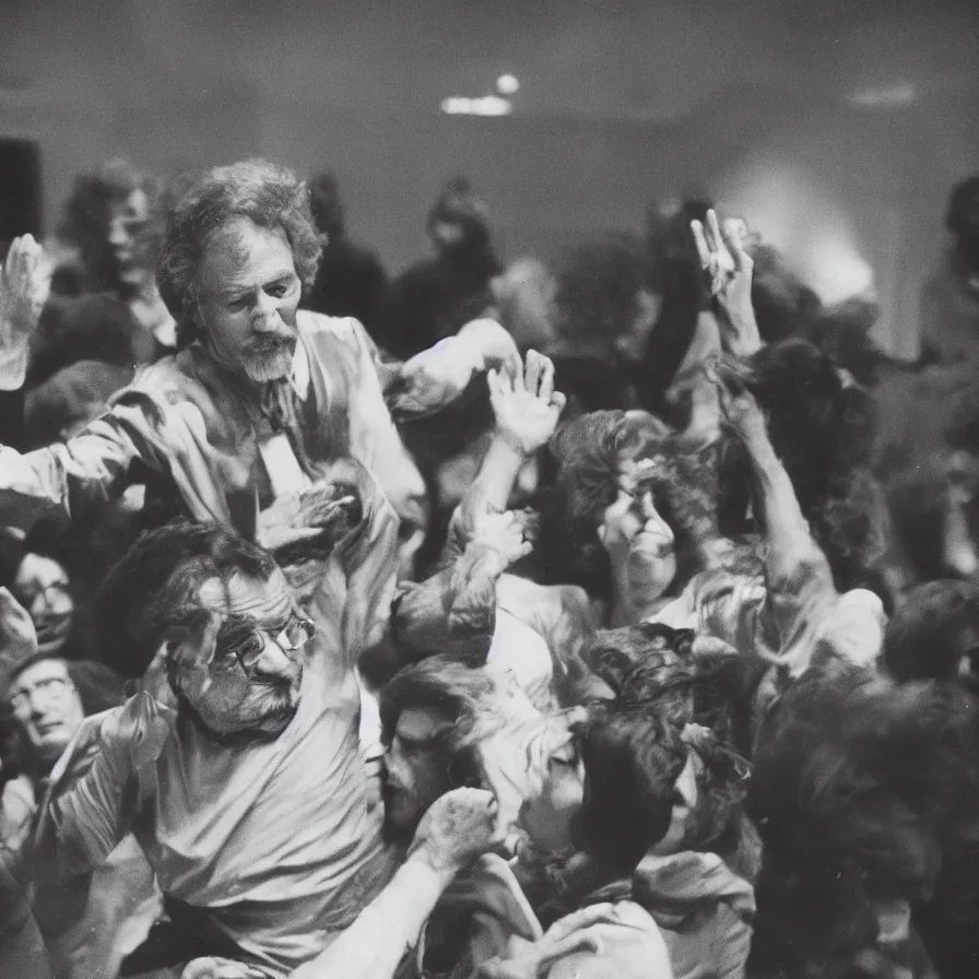 Image similar to 7 0 s movie still of an old man drowning in a soviet ballroom with multiple hands on the floor, cinestill 8 0 0 t 3 5 mm, heavy grain, high quality, high detail