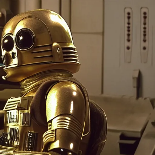 Image similar to A still of C3PO as Han Solo from Star Wars The Empire Strikes Back. Extremely detailed. Beautiful. 4K. Award winning.