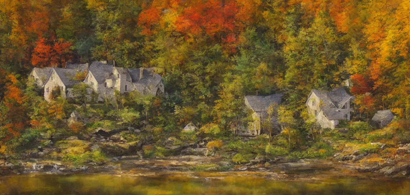 Prompt: a painting of sparse stone cottages underneath a dense tall forest, with pristine reflex from cascading ponds. gorgeous, elegant, sophisticated, an ultrafine painting, intricate brush strokes, bright depth oil colors, photography by araken alcantara. intense promiseful illumination, autumn sunrise warm light, detailed and intricate environment of hopeful bodyscapes