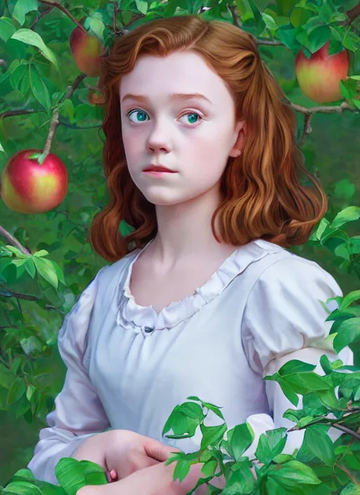 Image similar to well - lit art nouveau portrait of a 1 3 - year old girl who resembles millie bobby brown and sadie sink looking worried under an apple tree, natural lighting, path traced, highly detailed, high quality, cartoon, digital painting, by don bluth and ross tran and studio ghibli