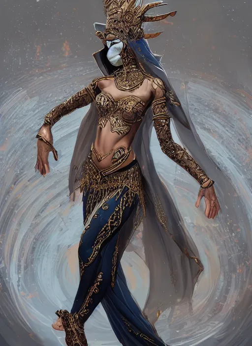 Image similar to a highly detailed illustration of a masked elegant elf arabian dancer, gracefully belly dancing pose, waving arms, intricate, elegant, highly detailed, centered, digital painting, artstation, concept art, smooth, sharp focus, league of legends concept art, WLOP