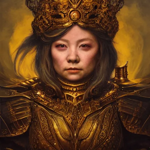 Image similar to realistic portrait of dwarf queen in armor, atmospheric lighting, painted, intricate, volumetric lighting, beautiful, washed deep colors masterpiece, golden hour, sharp focus, ultra detailed, by Chie Yoshii, Kai Carpenter, Ignacio Fernández Ríos