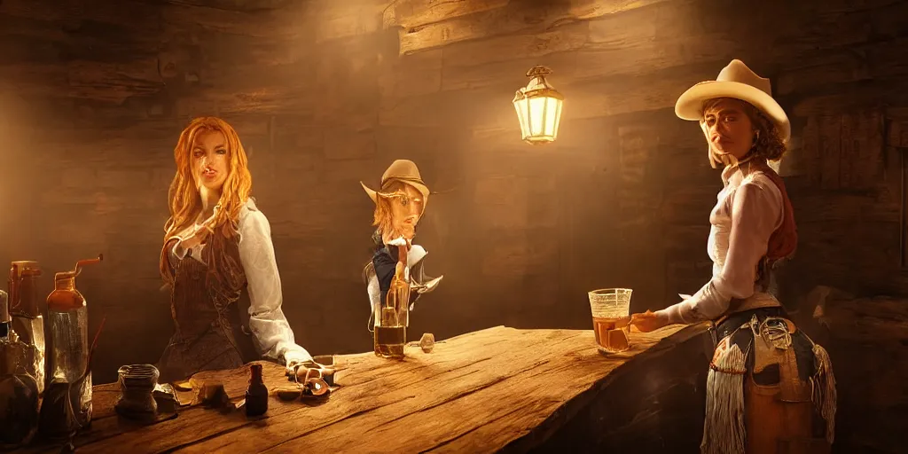 Image similar to an environmental concept art of a female cowboy, getting a drink in the saloon, highly detailed, cinematic, dramatic lighting, close shot by francis tneh