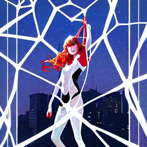 Prompt: Joshua Middleton comic cover art, cinematics lighting, pretty Emma Stone as Spider Gwen symmetrical face, Marvel comics, hanging from white web, playful smirk, city in background