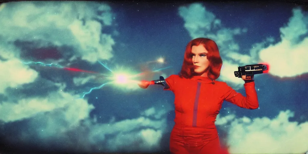 Image similar to vintage polaroid of a beautiful science fiction space woman, holding a laser gun, seen from behind, detailed clouds, warm azure tones, red color bleed, film grain
