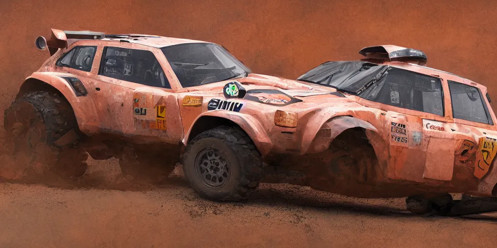 Image similar to offroad rally car copper paint job by sebastian luca and pablo carpio and edgaras cernikas and wang ke and damon greenhalgh, in wide view shot. blank background with some dreamy color lights.